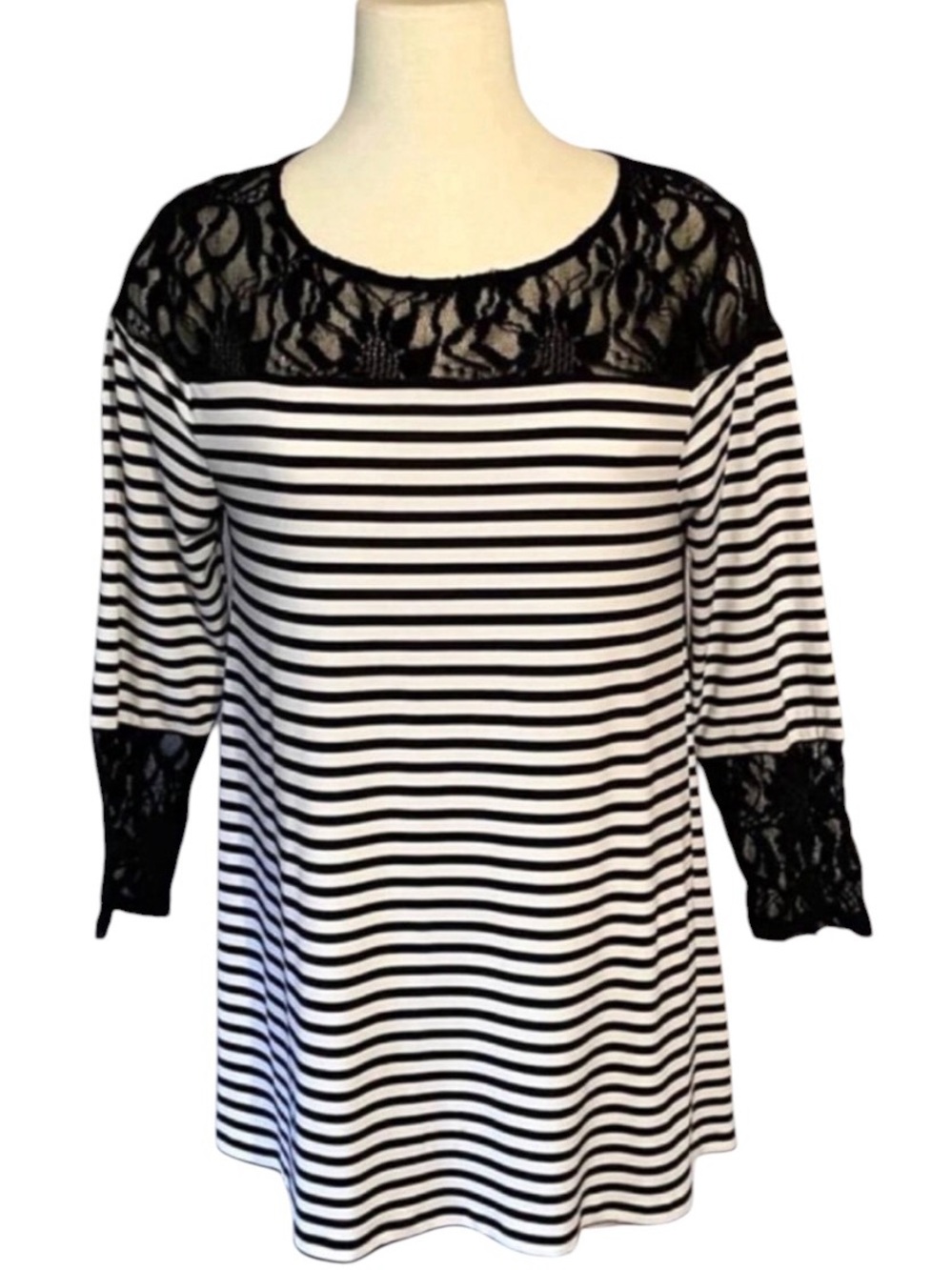 Chico’s‎ Striped Black and White Lace Yoke Women's Top